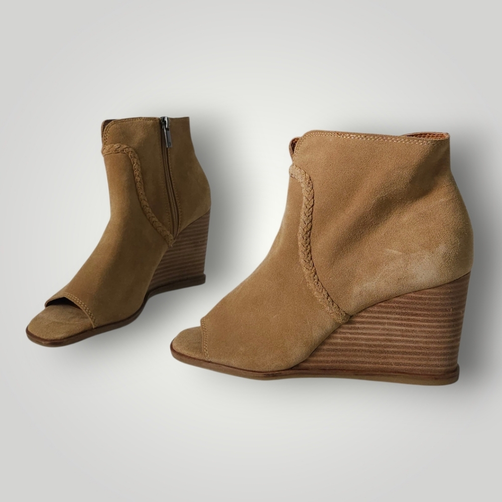 Lucky Brand LK Lureli Suede Peep Toe Wedge Booties Womens 9M Tan Leather‎ Ankle